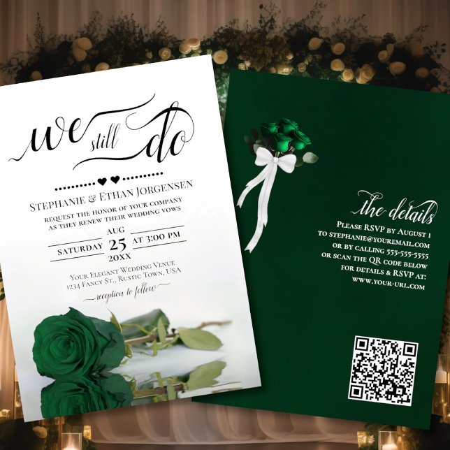 Emerald Grönt Ro we Do Vow Renewal QR Code Inbjudningar (Front/Back)