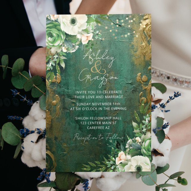 Emerald Grönt Romantic Blommigt Bröllop Inbjudningar (Skapare uppladdad)