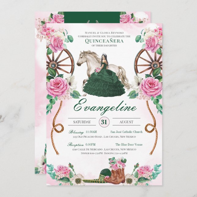 Emerald Grönt & Rosa Blommigt Charro Quinceanera Inbjudningar (Fram/baksida)