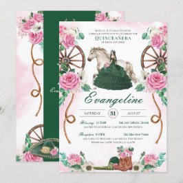 Emerald Grönt & Rosa Blommigt Charro Quinceanera Inbjudningar