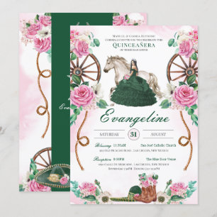 Emerald Grönt & Rosa Blommigt Charro Quinceanera Inbjudningar