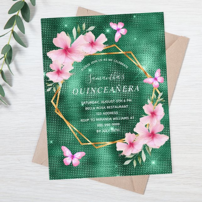 Emerald grönt rosa blommigt Quinceanera Vykort (Skapare uppladdad)