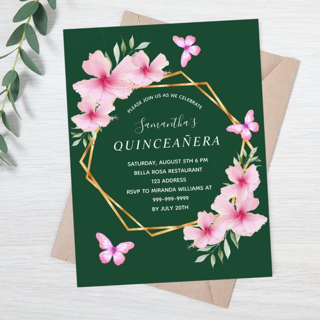 Emerald grönt rosa blommigt Quinceanera Vykort (Skapare uppladdad)