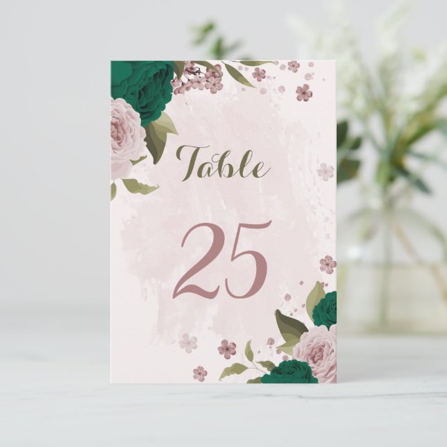 emerald grönt rosa Blommor bordsnummer Card (Stående Fram)