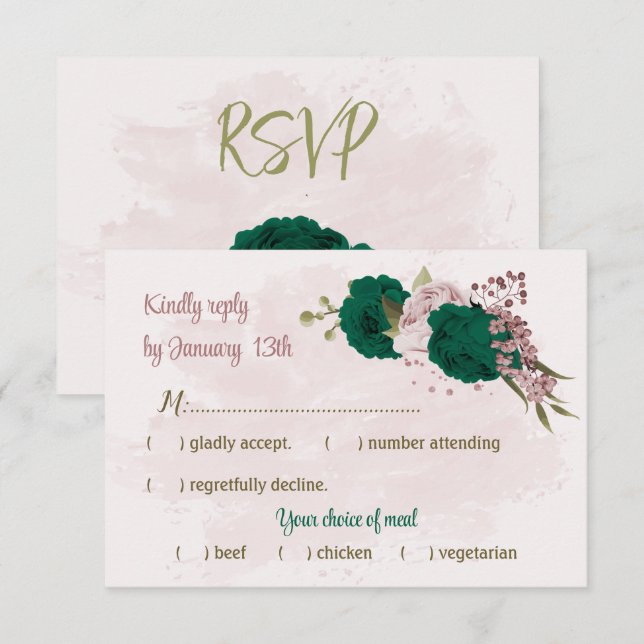 emerald grönt rosa blommor botaniska bröllop OSA kort (Fram/baksida)
