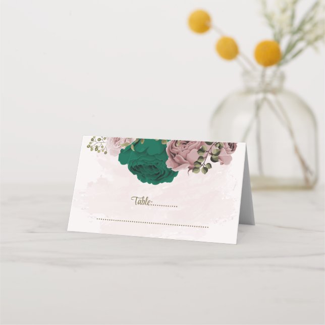emerald grönt rosa blommor botaniska bröllop placeringskort (Framsida)
