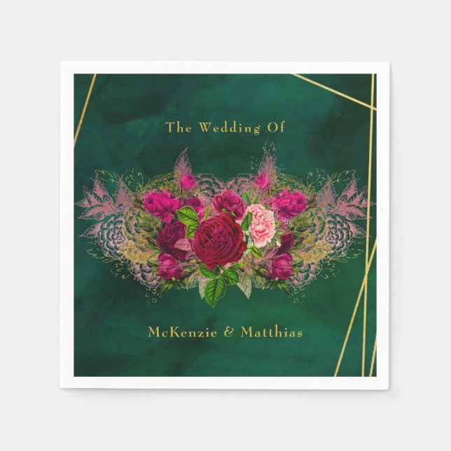 Emerald Grönt Rosa Peony Ro Bröllop Pappersservett (Framsidan)