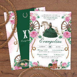 Emerald Grönt Rosa ros Charro Western Quinceañera Inbjudningar