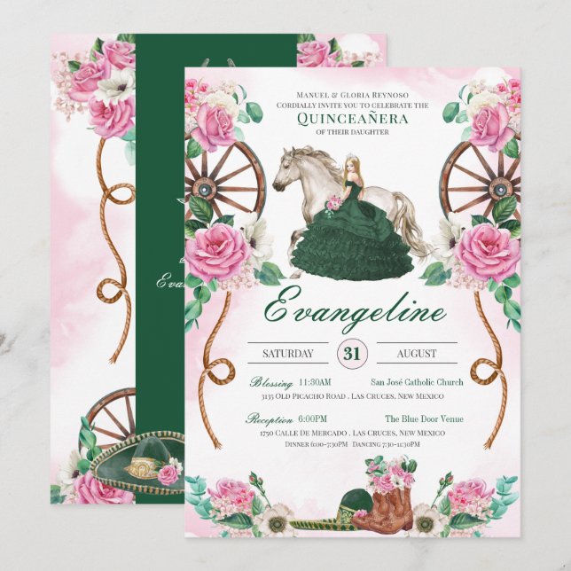 Emerald Grönt Rosa ros Enchanted Charro Quince Inbjudningar (Fram/baksida)