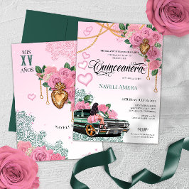 Emerald Grönt Rosa ros Lowrider Chola Quinceanera Inbjudningar