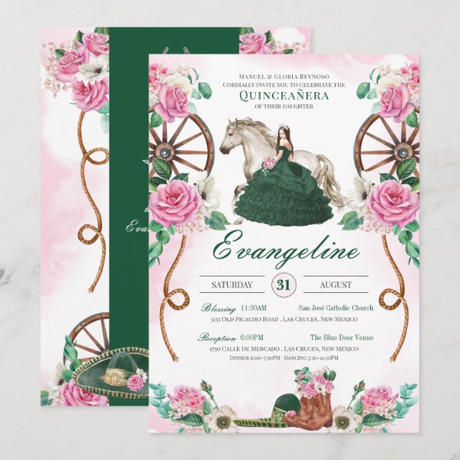 Emerald Grönt Rosa ros Rustic Charro Quinceañera Inbjudningar (Fram/baksida)