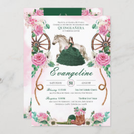 Emerald Grönt Rosa ros Rustic Charro Quinceañera Inbjudningar