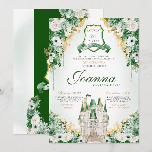 Emerald Grönt Royal Castle Princess Quinceanera Inbjudningar (Fram/baksida)