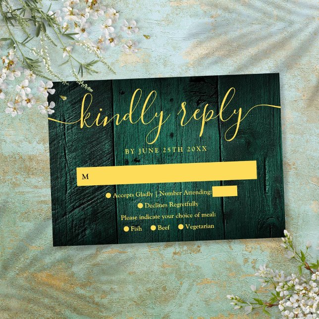 Emerald Grönt Rustic Barn Wood Boho Bröllop OSA (Emerald Green Rustic Barn Wood Boho Wedding RSVP)