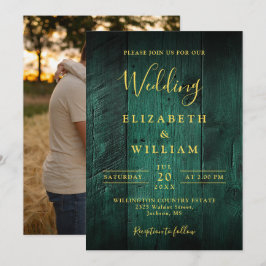 Emerald Grönt Rustic Boho Barn Wood Photo Bröllop Inbjudningar
