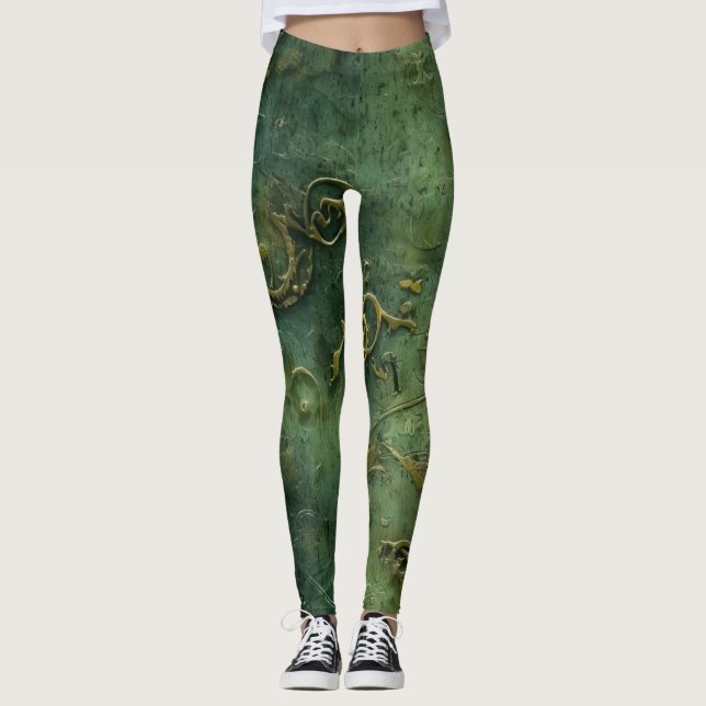 Emerald Grönt Rustic Steampunk Clock (10) Leggings (Framsida)