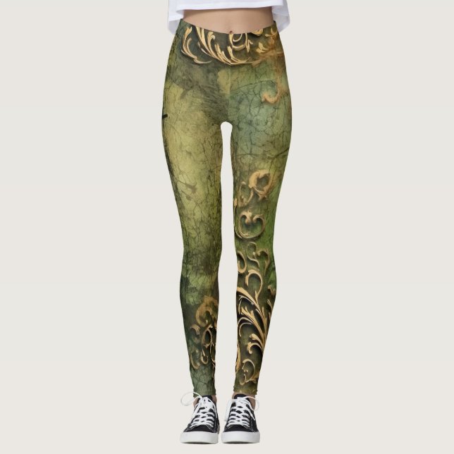 Emerald Grönt Rustic Steampunk Clock (11) Leggings (Framsida)