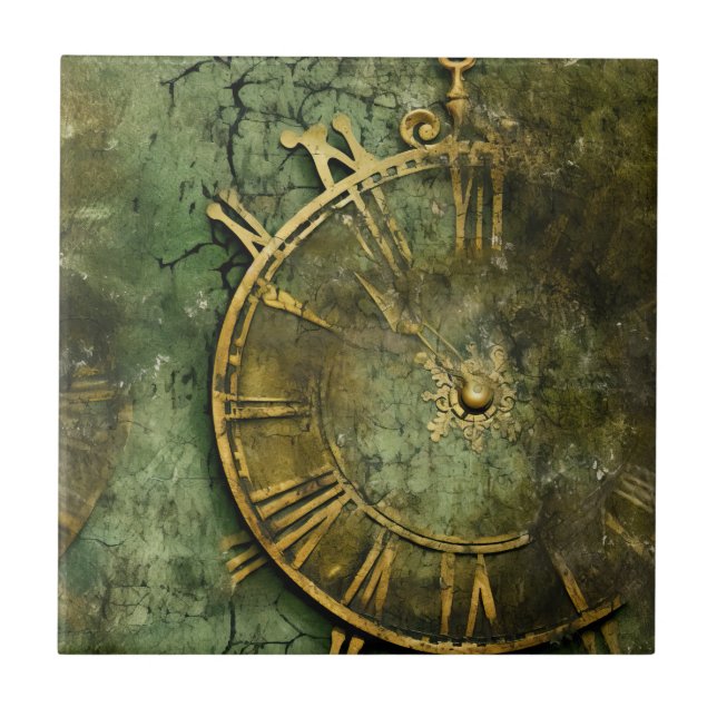 Emerald Grönt Rustic Steampunk Clock (12) Kakelplatta (Framsidan)