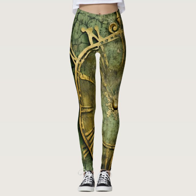 Emerald Grönt Rustic Steampunk Clock (12) Leggings (Framsida)