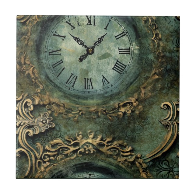 Emerald Grönt Rustic Steampunk Clock (1) Kakelplatta (Framsidan)