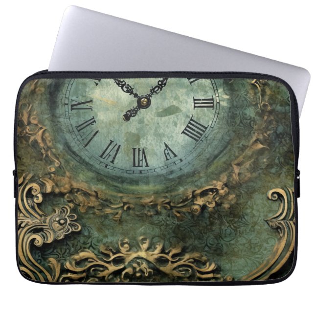 Emerald Grönt Rustic Steampunk Clock (1) Laptop Fodral (Framsidan)