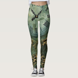 Emerald Grönt Rustic Steampunk Clock (1) Leggings