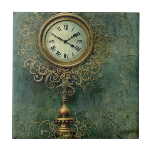 Emerald Grönt Rustic Steampunk Clock (2) Kakelplatta (Framsidan)