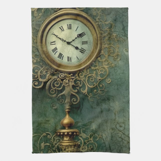 Emerald Grönt Rustic Steampunk Clock (2) Kökshandduk (Vertikal)