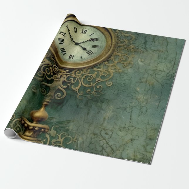 Emerald Grönt Rustic Steampunk Clock (2) Presentpapper (Utrullad)