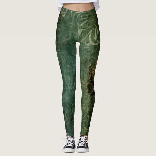 Emerald Grönt Rustic Steampunk Clock (3) Leggings (Framsida)