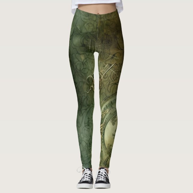 Emerald Grönt Rustic Steampunk Clock (5) Leggings (Framsida)