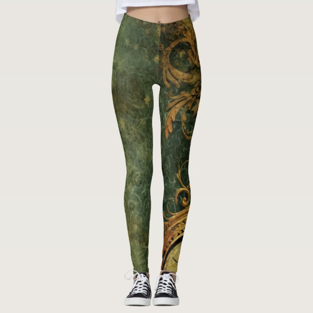 Emerald Grönt Rustic Steampunk Clock (6) Leggings (Framsida)