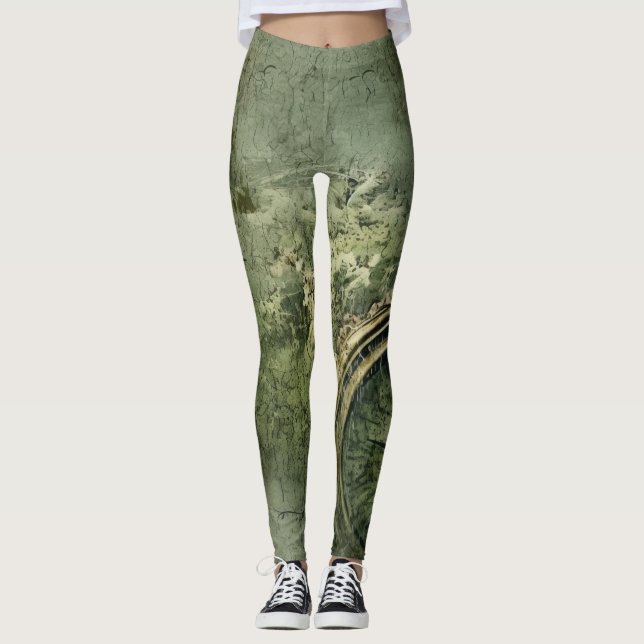 Emerald Grönt Rustic Steampunk Clock (7) Leggings (Framsida)