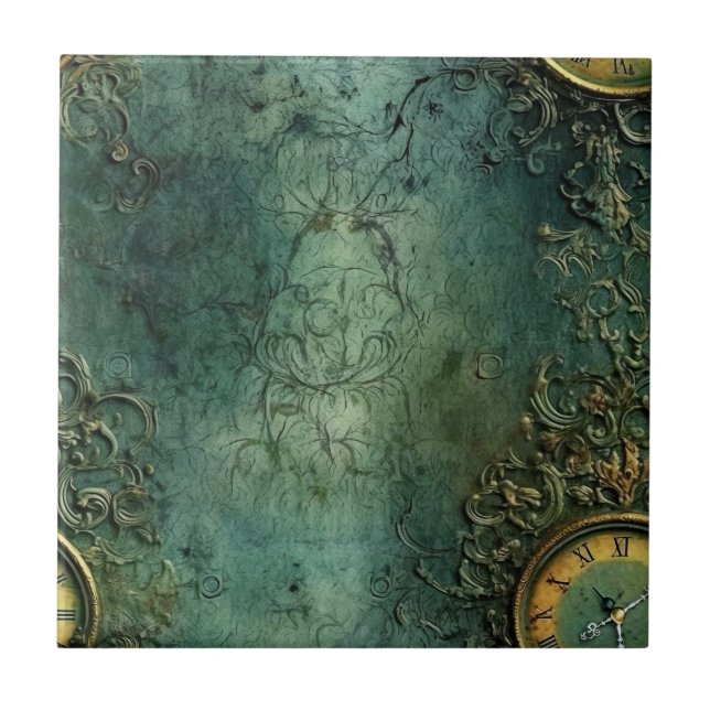 Emerald Grönt Rustic Steampunk Clock (8) Kakelplatta (Framsidan)