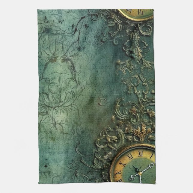 Emerald Grönt Rustic Steampunk Clock (8) Kökshandduk (Vertikal)