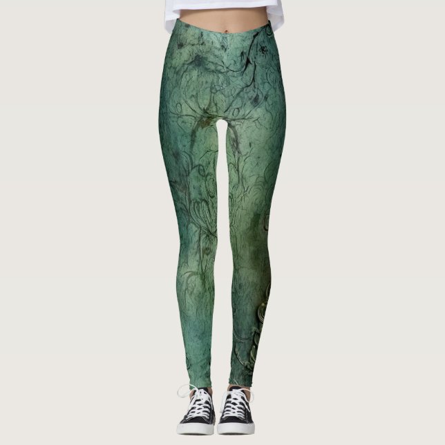 Emerald Grönt Rustic Steampunk Clock (8) Leggings (Framsida)