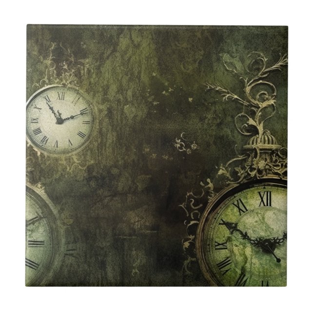 Emerald Grönt Rustic Steampunk Clock (9) Kakelplatta (Framsidan)
