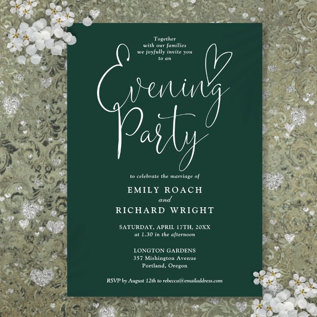 Emerald Grönt Script Bröllop Evening Party Inbjudningar (Emerald Green Script Wedding Evening Party Invitation)