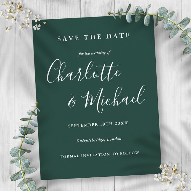 Emerald Grönt Script Bröllop spara datum Card Vykort (Emerald Green Script Wedding Save the Date Card)