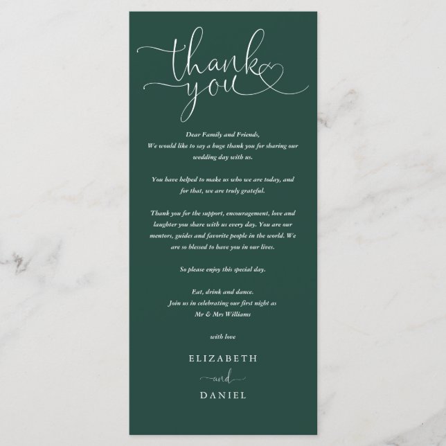 Emerald Grönt Script Bröllop Tack Place Card Meny (Framsida)