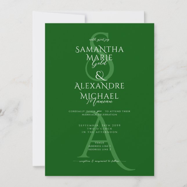 Emerald Grönt Script Contemporary Monogram Bröllop Inbjudningar (Framsida)
