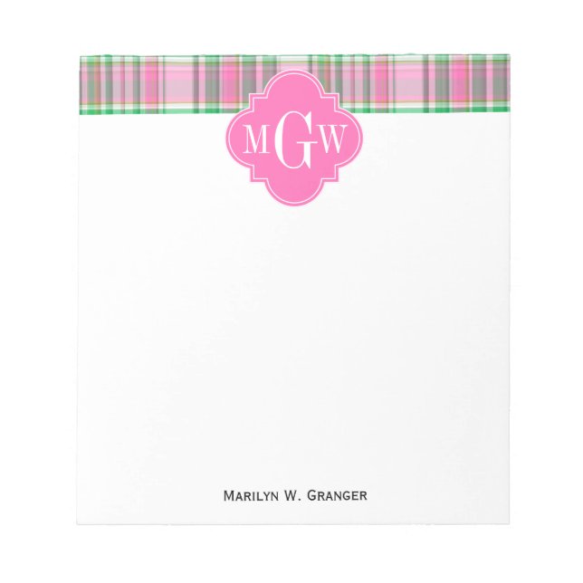 Emerald Grönt Shock rosa Wht Preppy Madras Monogra Anteckningsblock (Framsida)
