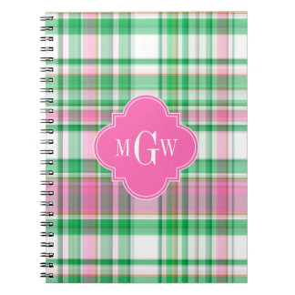 Emerald Grönt Shock rosa Wht Preppy Madras Monogra Anteckningsbok Med Spiral