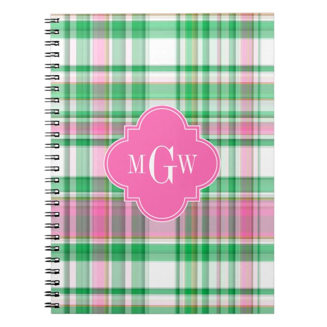 Emerald Grönt Shock rosa Wht Preppy Madras Monogra Anteckningsbok Med Spiral (Framsidan)