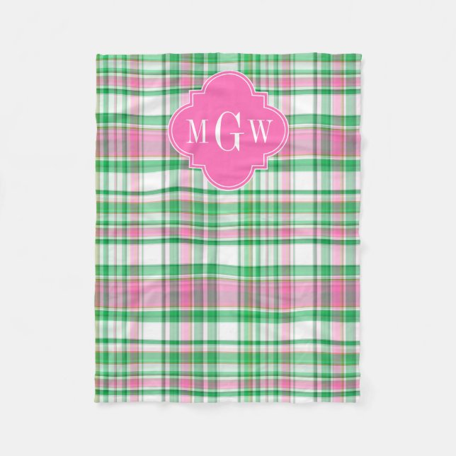 Emerald Grönt Shock rosa Wht Preppy Madras Monogra Fleecefilt (Framsidan)