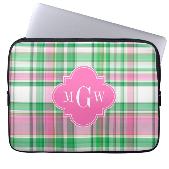 Emerald Grönt Shock rosa Wht Preppy Madras Monogra Laptop Sleeve (Framsidan)
