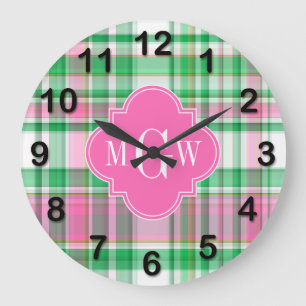 Emerald Grönt Shock rosa Wht Preppy Madras Monogra Stor Klocka