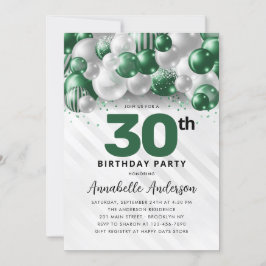 Emerald Grönt Silver Balloon Glitter 30års födelse Inbjudningar