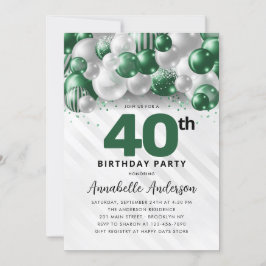 Emerald Grönt Silver Balloon Glitter 40:e födelsed Inbjudningar