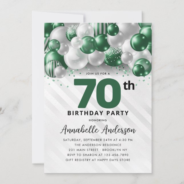 Emerald Grönt Silver Balloon Glitter 70:e födelsed Inbjudningar (Framsida)